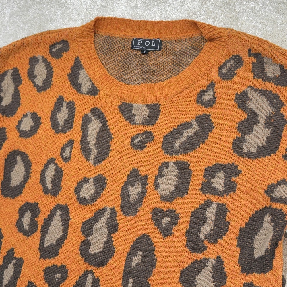 POL Sweater Womens Small Orange Leopard Print Pullover Crew‎ Neck Long Sleeve
